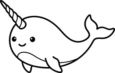 Cute Narwhal Cartoon Drawing - Simple Outline Kawaii Ocean Animal © Sugar