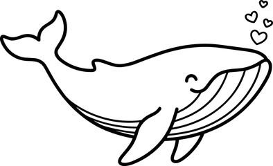 Naklejka premium Cute cartoon whale illustration with hearts, simple line art, white background