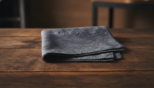 Folded gray topographic handkerchief bandana on a rustic wooden table, representing a tactical edc gear accessory concept with moody lighting