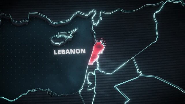 Digital high-tech map of the Middle East with Lebanon highlighted in glowing red, ideal for geopolitical news broadcasts or regional conflict reporting.
