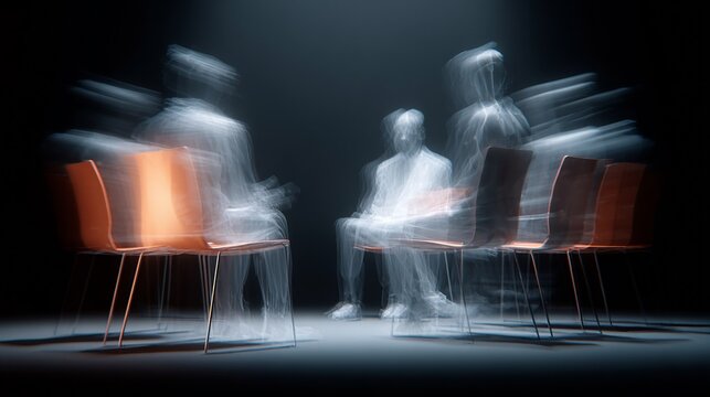 A blurred representation of a group therapy session with a male participant in focus, creating a sense of movement and emotion.