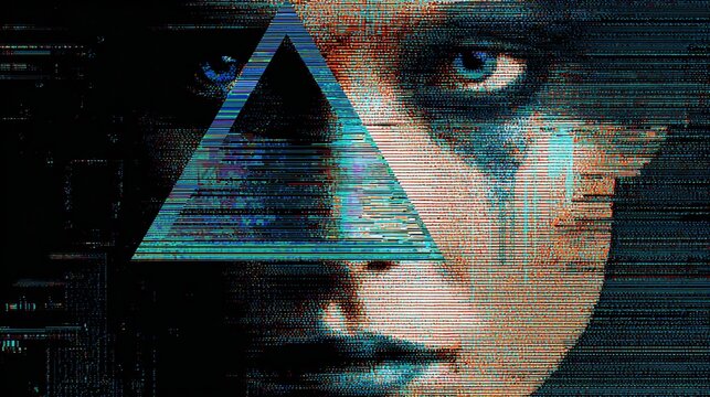 A surreal blend of a female face and glitch art, with a prominent triangle overlay emphasizing a digital aesthetic.