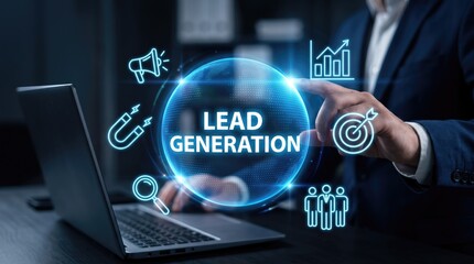 Fototapeta premium Business professional interacting with glowing lead generation digital interface concept for marketing strategy and sales growth analysis in a modern office environment