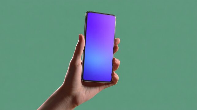 A person's hand holds a modern smartphone with a vibrant gradient screen in shades of purple against a green background.