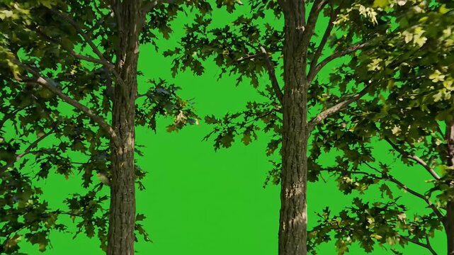 Green screen, tree background, chroma key, forest, foliage, nature