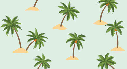Obraz premium Minimalist seamless pattern of green palm trees standing on small sand mounds over a soothing light blue background.