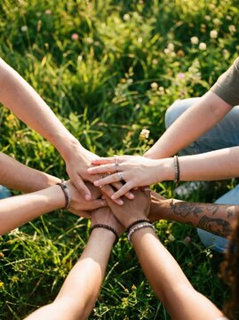 close up of diverse people stacking hands together over green grass background. teamwork, unity and community support concept. friendship and collaboration. corporate team building, youth group poster