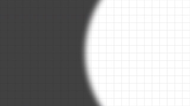 Dark grey grid line animation with moving circle spotlight revealing bright copy space at right side on white background. 4K animated for background, highlight, presentation, and motion graphics.