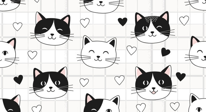 Seamless pattern of tuxedo cat heads with various expressions and tiny hearts on a grey and white checkered background.