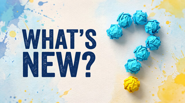 Crumpled paper balls form question mark with one yellow outlier on colorful background with 'what's new' text