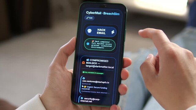 White-hat hacker simulating an email breach on a mobile app. Sequence shows the hacking process and access to a compromised mailbox. Perfect for cybersecurity training and data protection videos