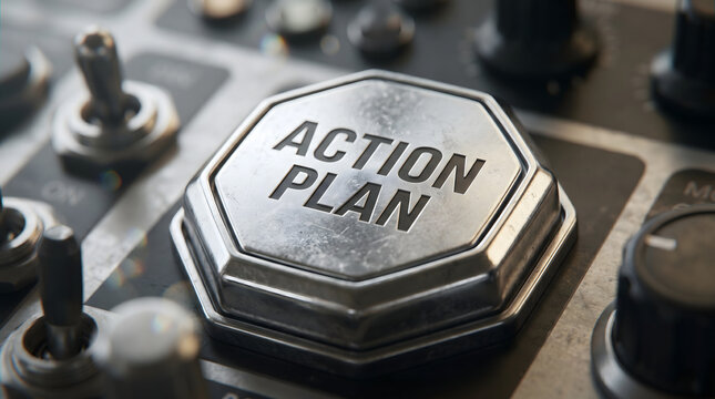 Action plan button engraved on a metallic industrial control panel for business strategy execution and strategic decision making in a professional environment