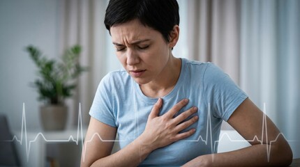 Fototapeta premium Woman experiencing heart pain with ecg line clutching chest in discomfort and anxiety at home
