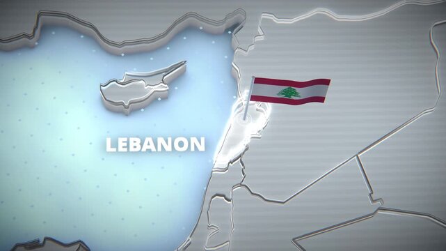 3D extruded map of Lebanon with waving national flag and glowing border highlight, ideal for Middle Eastern geopolitical news broadcasts, documentary graphics, or international travel presentations.