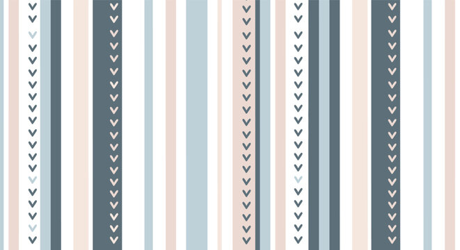Modern geometric seamless pattern with vertical stripes and tiny chevron arrows in muted tones of blue, beige, and grey for decor.