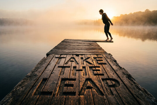 Person Taking Leap of Faith Over Misty Lake at Dawn