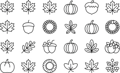Autumn harvest season collection of line icons with maple leaves pumpkins wreaths and acorn symbols © Mofajjol