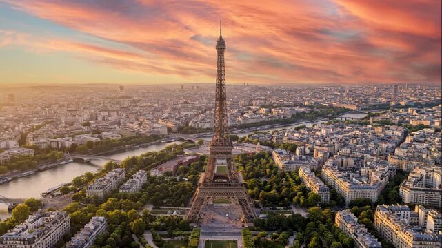Stunning aerial view of Eiffel Tower in Paris. Vibrant sunset colors illuminate cityscape. Tourists admire iconic landmark during golden hour. Paris atmosphere captivates visitors.
