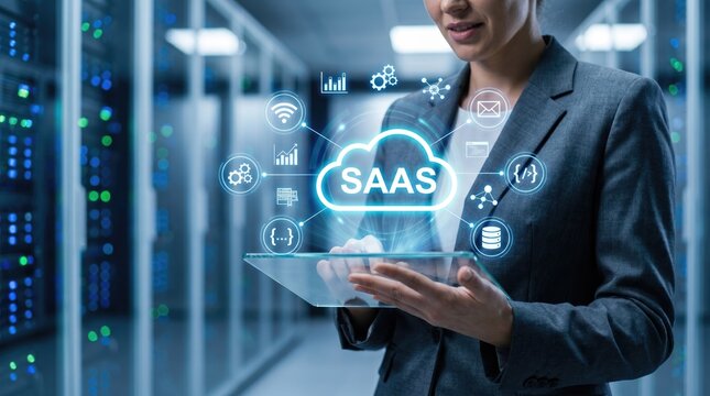 Businesswoman using tablet with saas cloud computing interface in server room illustrating software as a service technology
