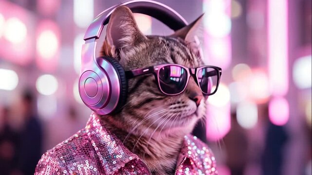 Stylish cat in headphones and sunglasses. Trendy feline enjoys vibrant nightlife. Colorful urban backdrop creates fun atmosphere for playful moments. Perfect for creative projects.