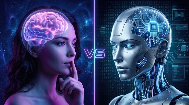 Human brain vs artificial intelligence concept woman and robot comparison