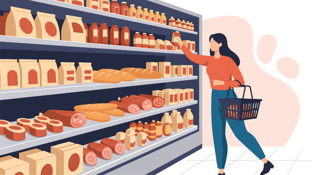 Woman with a basket picking items from the well-stocked shelves of a supermarket aisle filled with various food products and bread.