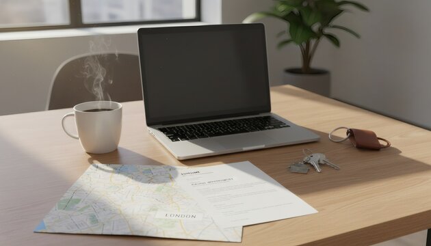 Laptop and London map on a wooden desk with a hot coffee mug and keys, representing a job search in a new city and relocation planning for an emigration concept