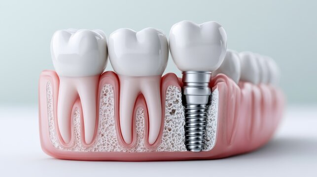 3D dental implant diagram with cutaway view of teeth and titanium components on white background