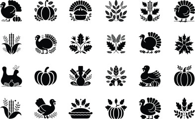 Obraz premium Thanksgiving holiday silhouette icons set featuring turkeys pumpkins corn and leaves for celebration