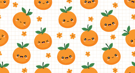 Fototapeta premium Cheerful seamless pattern with happy orange characters and small blossoms scattered on a clean white grid background for kitchen.