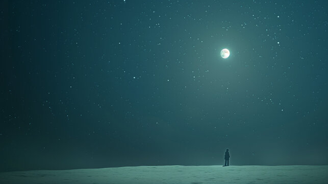 Digital painting of a lonely person standing alone under the moon in a vast starry night sky