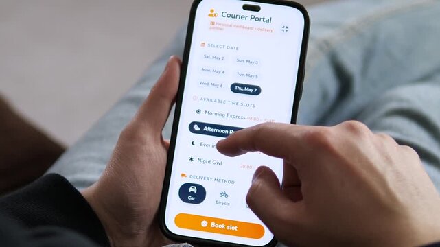 Delivery partner app in action. Sequencing through date selection and transportation choice to a confirmed booking. Perfect for promoting logistics platforms, recruitment, and flexible work apps
