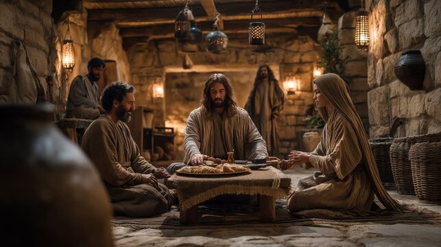 Mary anoints Jesus&rsquo; feet with costly perfume in Bethany as humble devotion fills the evening gathering, revealing that sincere love and worship are treasures beyond earthly value.
