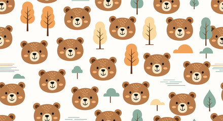 Obraz premium Cute seamless pattern design featuring brown bear faces and stylized colorful trees on a clean white background for children textile prints.