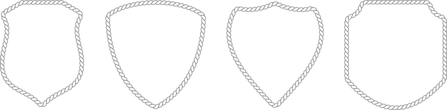 Set of Shield Shaped Rope Frames and Badge Borders: Vector Nautical Design Elements with Twisted Braided Cord Brushes Isolated