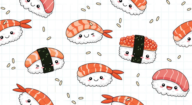Fun seamless pattern featuring different kawaii sushi and rice ball characters with funny faces on a white grid background tile.