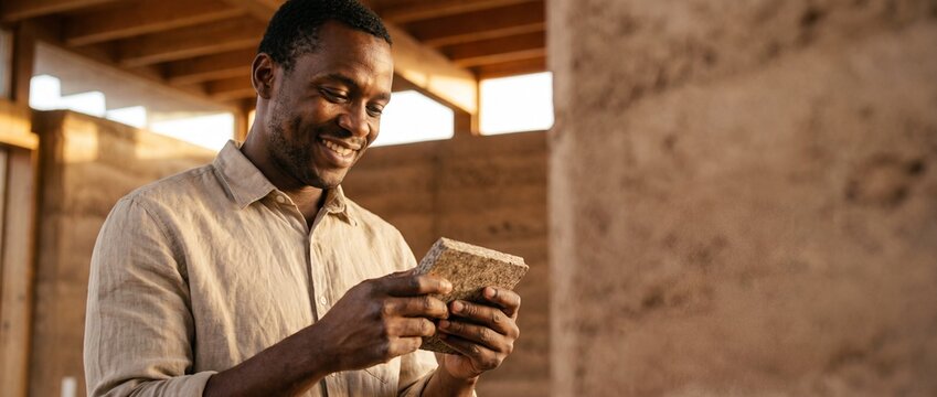 Black male architect holding sustainable stone brick in modern eco building site, smiling african american builder inspecting rammed earth block material during sunny day construction, proud concept.