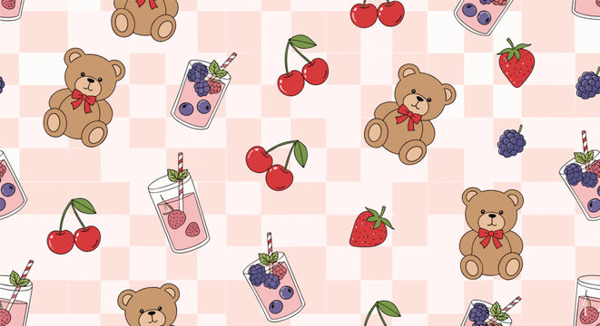 Playful seamless pattern with cute teddy bears, fruit smoothies, cherries, strawberries, and blackberries on a pink gingham backdrop.