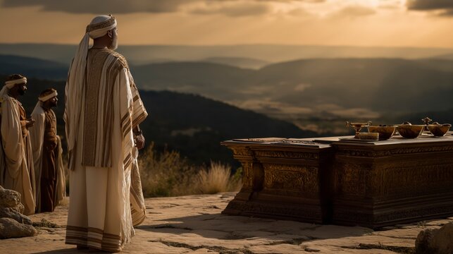 Before receiving wisdom from God, Solomon stands before the great bronze altar at Gibeon, approaching the Lord with reverence, sacrifice, and a heart willing to listen.
