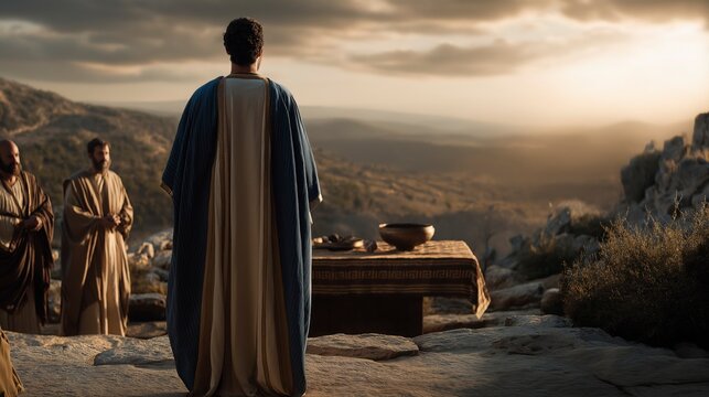 Before receiving wisdom from God, Solomon stands before the great bronze altar at Gibeon, approaching the Lord with reverence, sacrifice, and a heart willing to listen.
