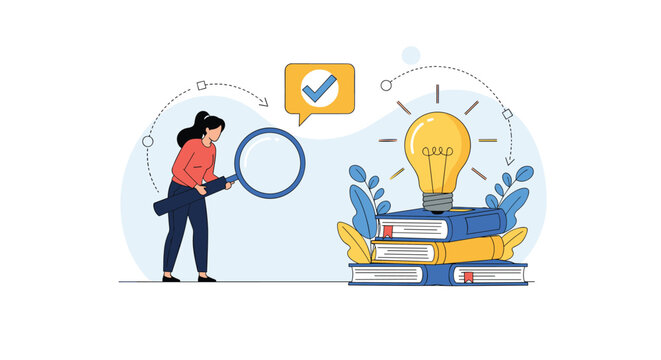 Professional woman using a large magnifying glass to find ideas and check solutions on a stack of books with success symbols.