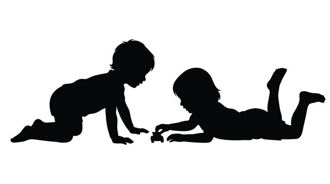 Black vector illustration of two small children playing together with a tiny toy car model