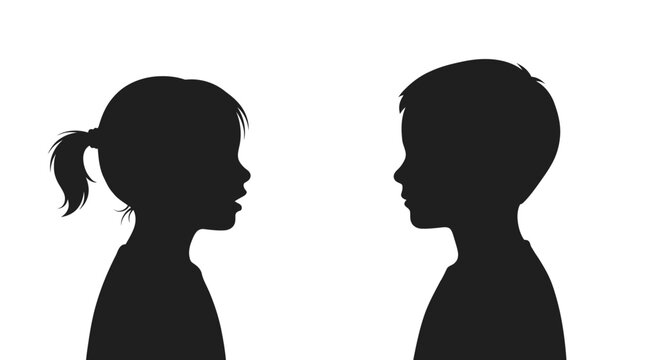 Simple black vector illustration showing side profiles of a young boy and girl facing together