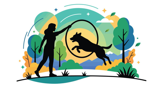 Vibrant vector illustration of a playful woman training her active dog jumping through a hoop