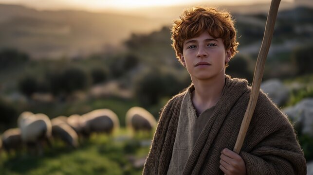 David stands victorious with his sling lowered before the fallen giant Goliath, proving that unwavering faith and courage can overcome even the most impossible challenges.
