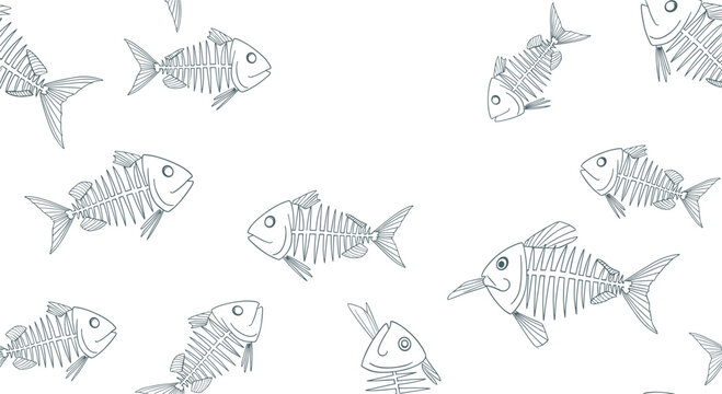 Unique seamless pattern featuring grey hand drawn sketches of fish skeletons on a white background for nautical or dark design.