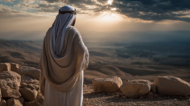 After receiving God's promise at Gibeon, Solomon stands in quiet reflection as the first light of dawn spreads across the hills, a peaceful reminder of divine favor and guidance.
