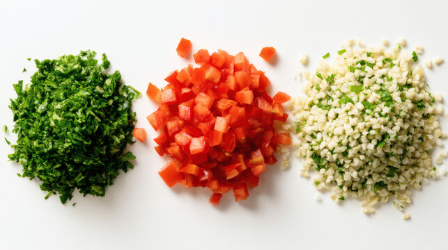 Finely chopped fresh vegetables and herbs arranged in three colorful piles featuring diced red peppers minced garlic and green parsley on a clean white kitchen counter