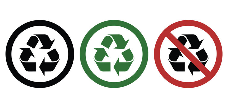 Recycle and Recycling Not Allow Sign Pack, Recycle Icon, No Recycle Icon, Plastic, Paper, Glass Sign Symbols for Waste Sorting, Sustainability Education and Vector Illustration.