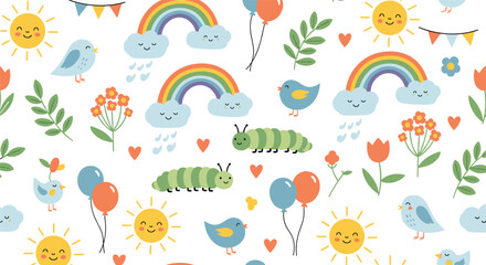 Fototapeta premium Colorful whimsical pattern featuring smiling suns rainbows birds clouds caterpillars balloons and flowers on a white background.